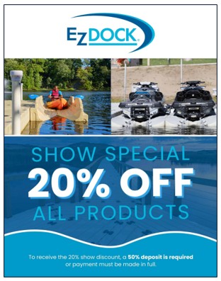 EZ Dock flyer: show special—20% off all products; 50% deposit or full payment required.